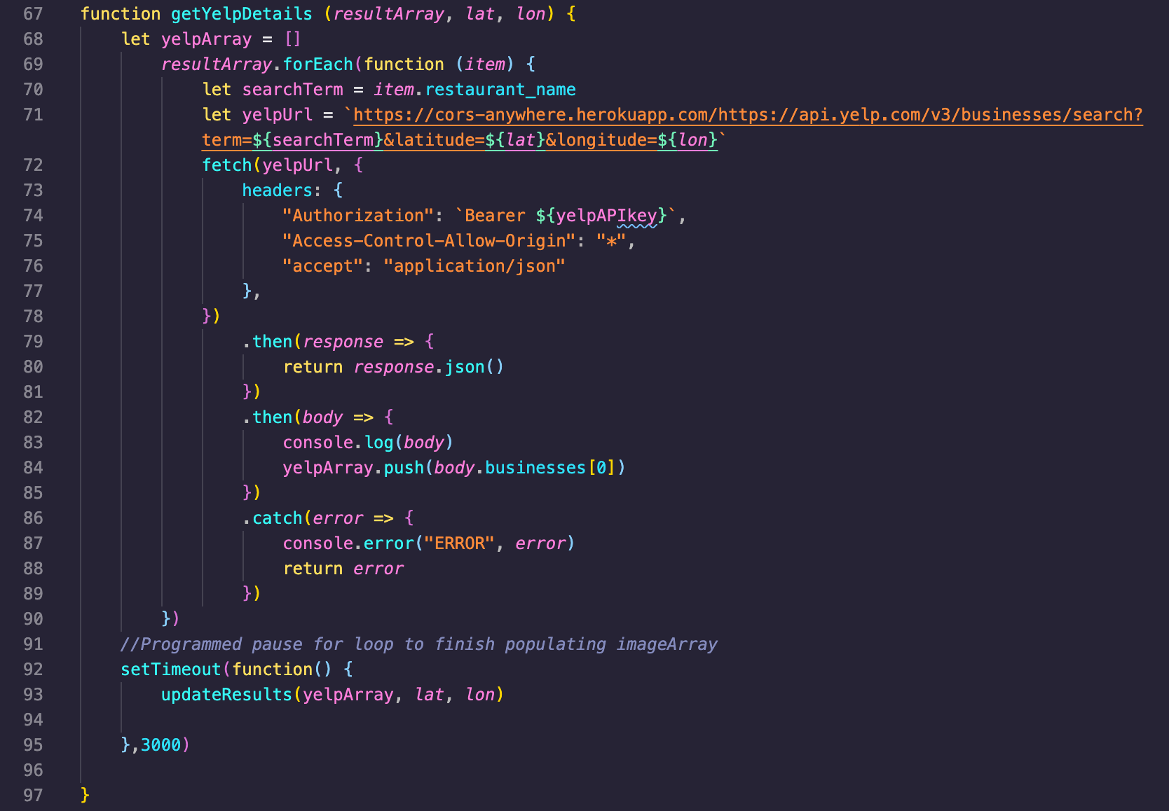 getYelpDetails code snippet